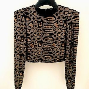 ZARA Cropped Sequin Embellished Leopard Print Long Sleeve Top Size S- NWOT